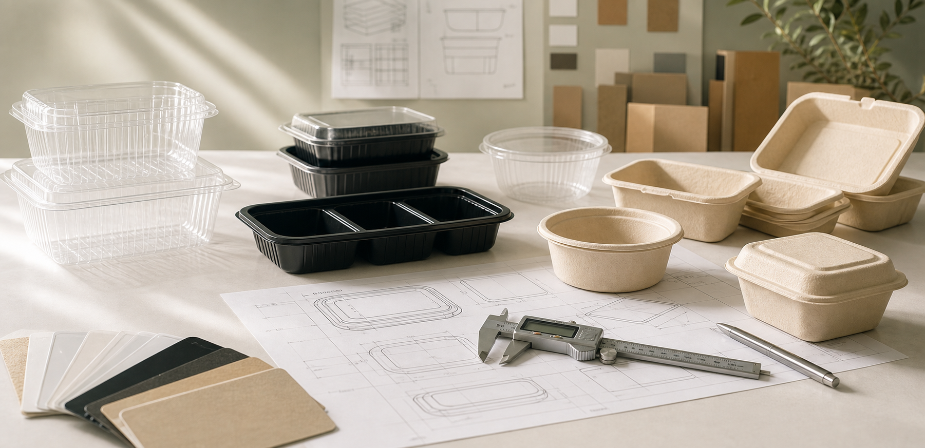 Custom packaging workstation with samples and drawings